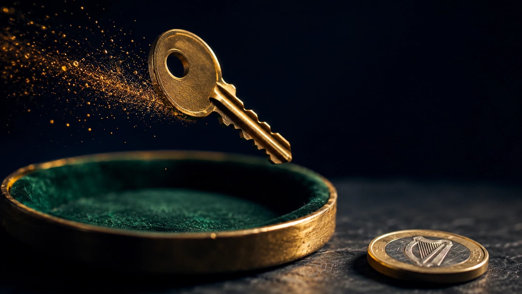 A brass house key falling toward an emerald velvet tray beside an Irish euro coin, trailing golden droplets, symbolising a property purchase in Ireland funded from South Africa.