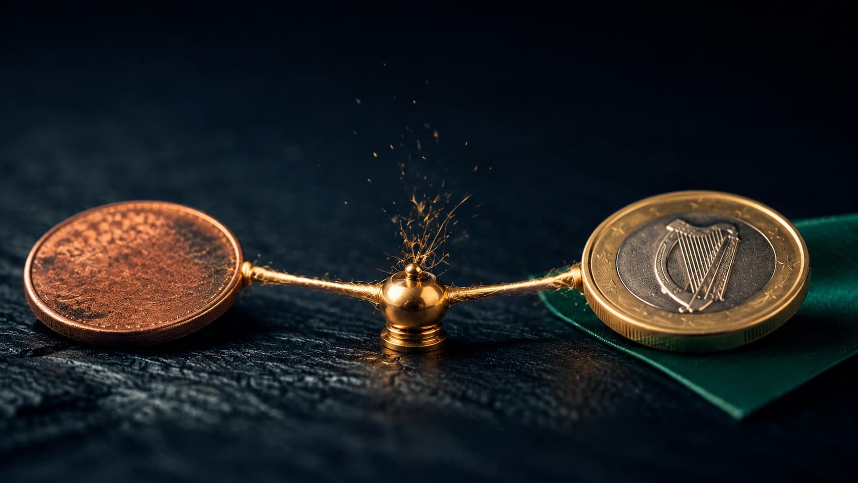 A golden thread splitting toward a British penny on one side and an Irish euro coin on emerald ribbon on the other, symbolising the choice between the UK and Ireland for South African emigrants.