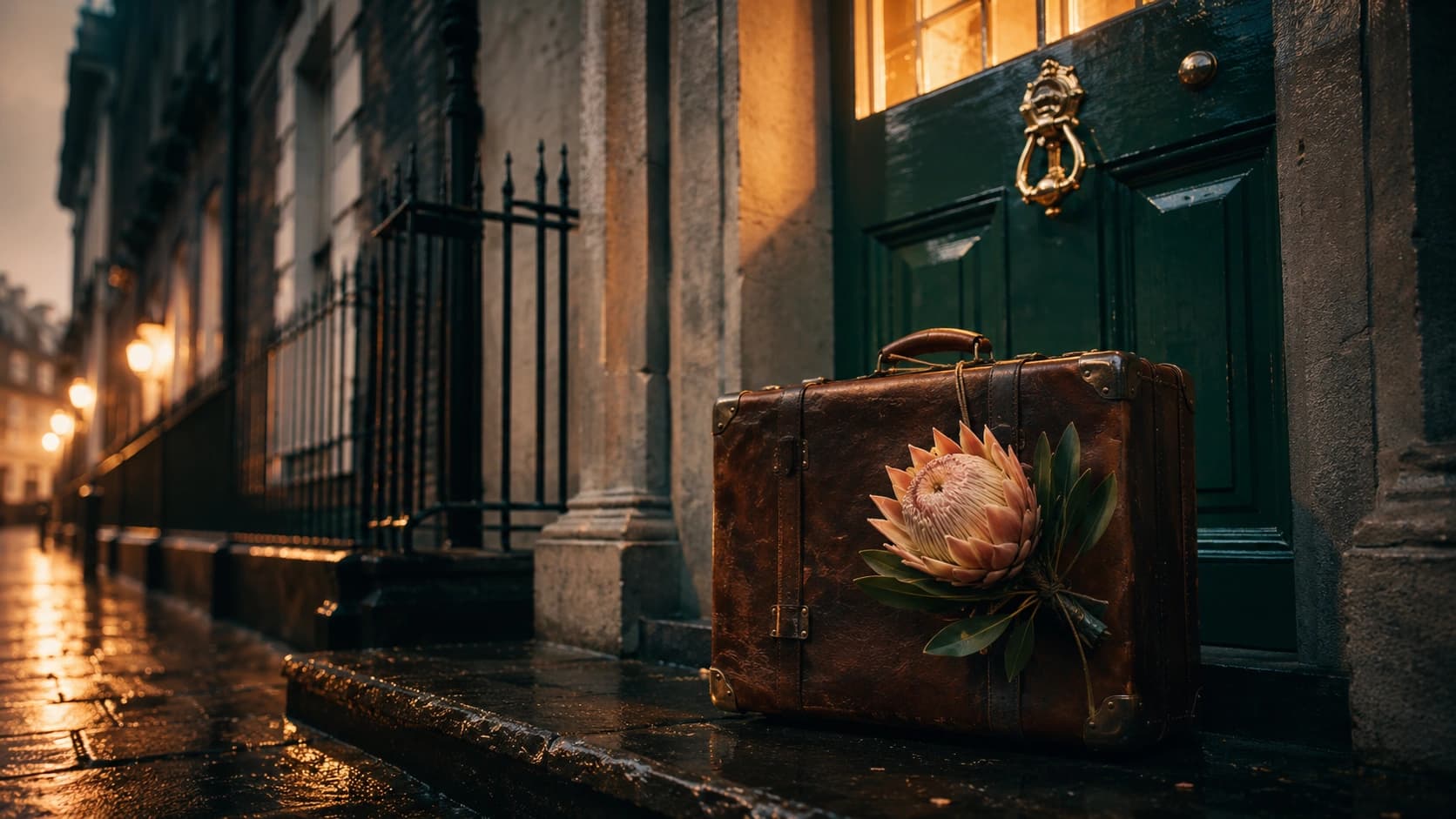 A leather suitcase with a Protea flower tied to its handle on the step of an emerald-green Georgian door in Dublin, evoking a South African family arriving in Ireland.