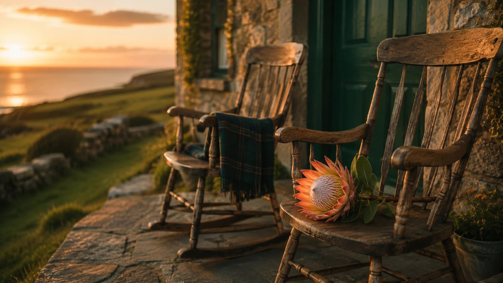 Two rocking chairs on an Irish cottage porch with a Protea flower on one seat and an emerald-green door behind, evoking a South African couple's retirement in Ireland.