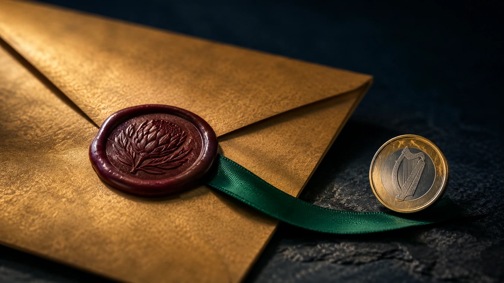 A wax-sealed envelope with a Protea emboss and an emerald ribbon leading to an Irish euro coin, symbolising a South African inheritance reaching a beneficiary in Ireland.