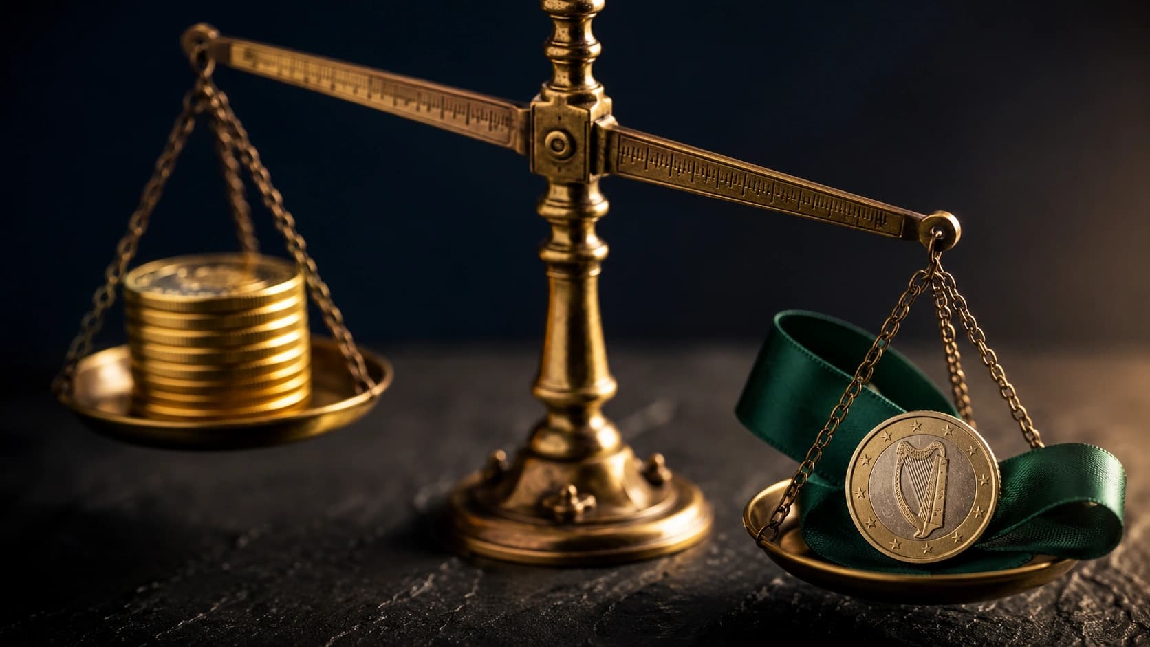 A brass balance scale weighing gold coins against a single Irish euro coin on emerald ribbon, illustrating how South Africa's rand-denominated allowance converts to euros.