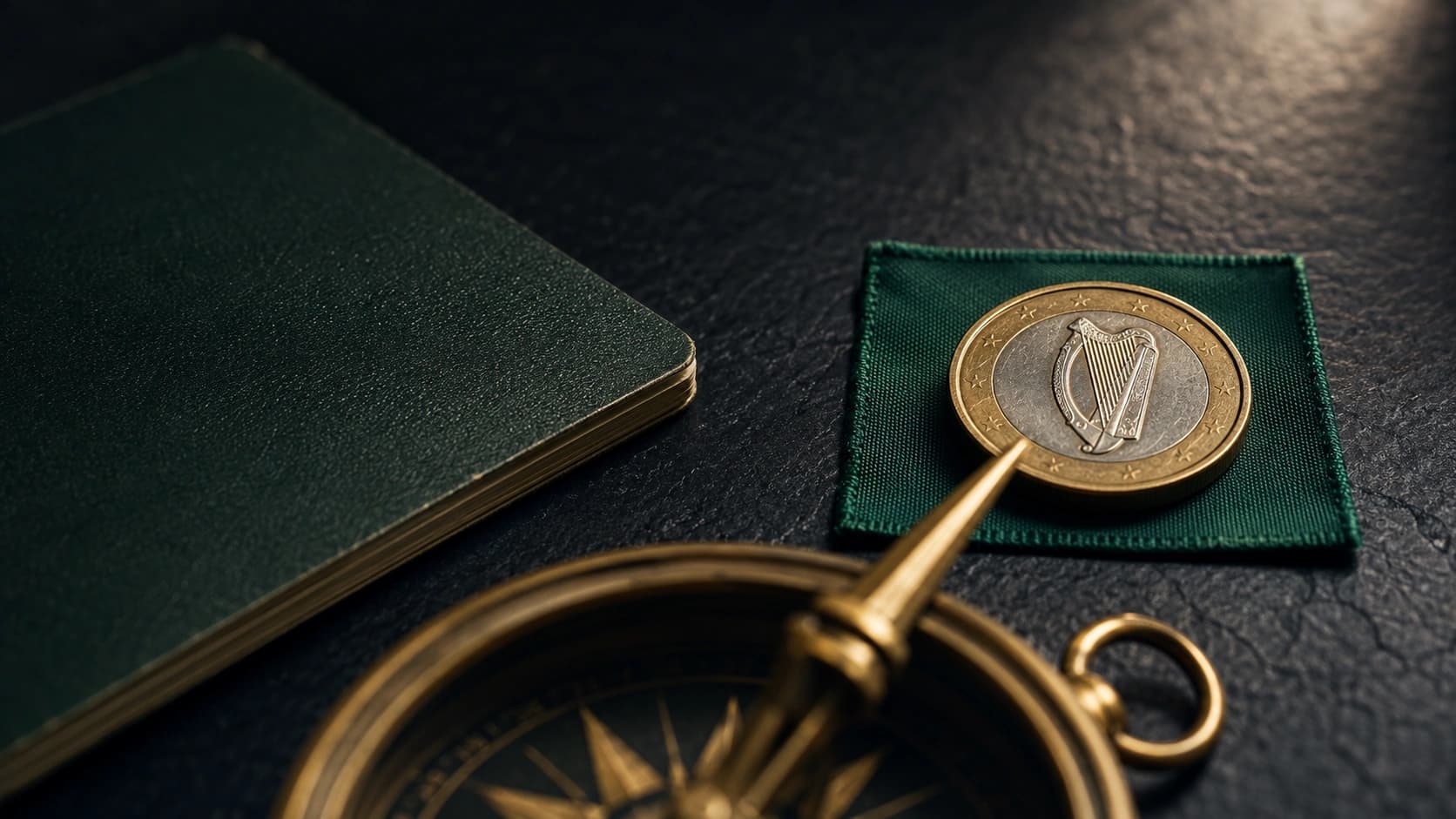 A compass needle on dark slate pointing from a South African passport toward an Irish euro coin on emerald ribbon, symbolising the tax residency decision when moving to Ireland.