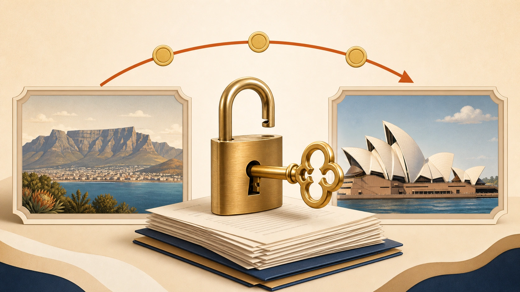 Editorial illustration marking currency flow from South Africa to Australia