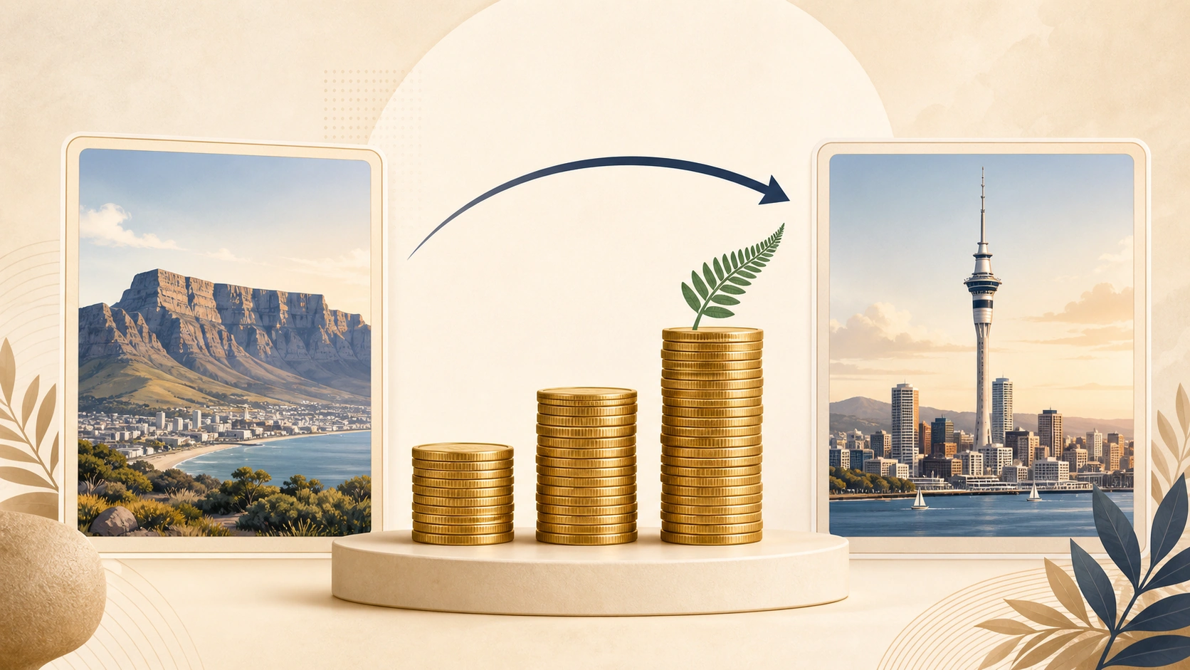 Editorial illustration marking currency flow from South Africa to New Zealand
