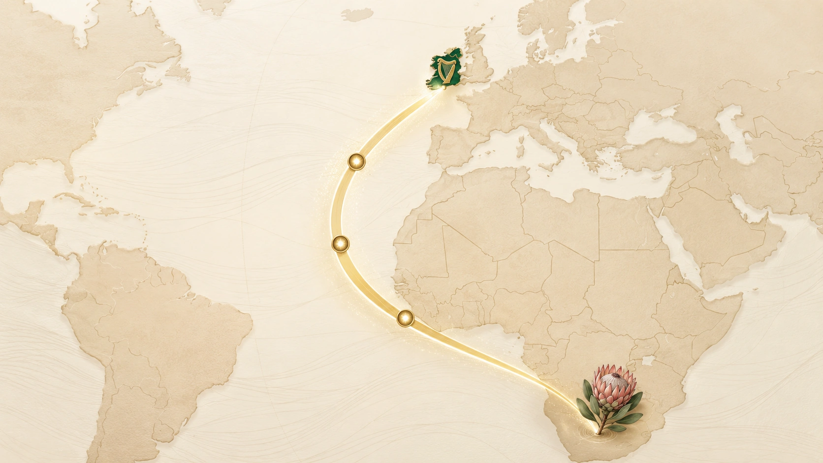 Illustrated golden route arcing from South Africa to Ireland with Protea and harp motifs marking each end