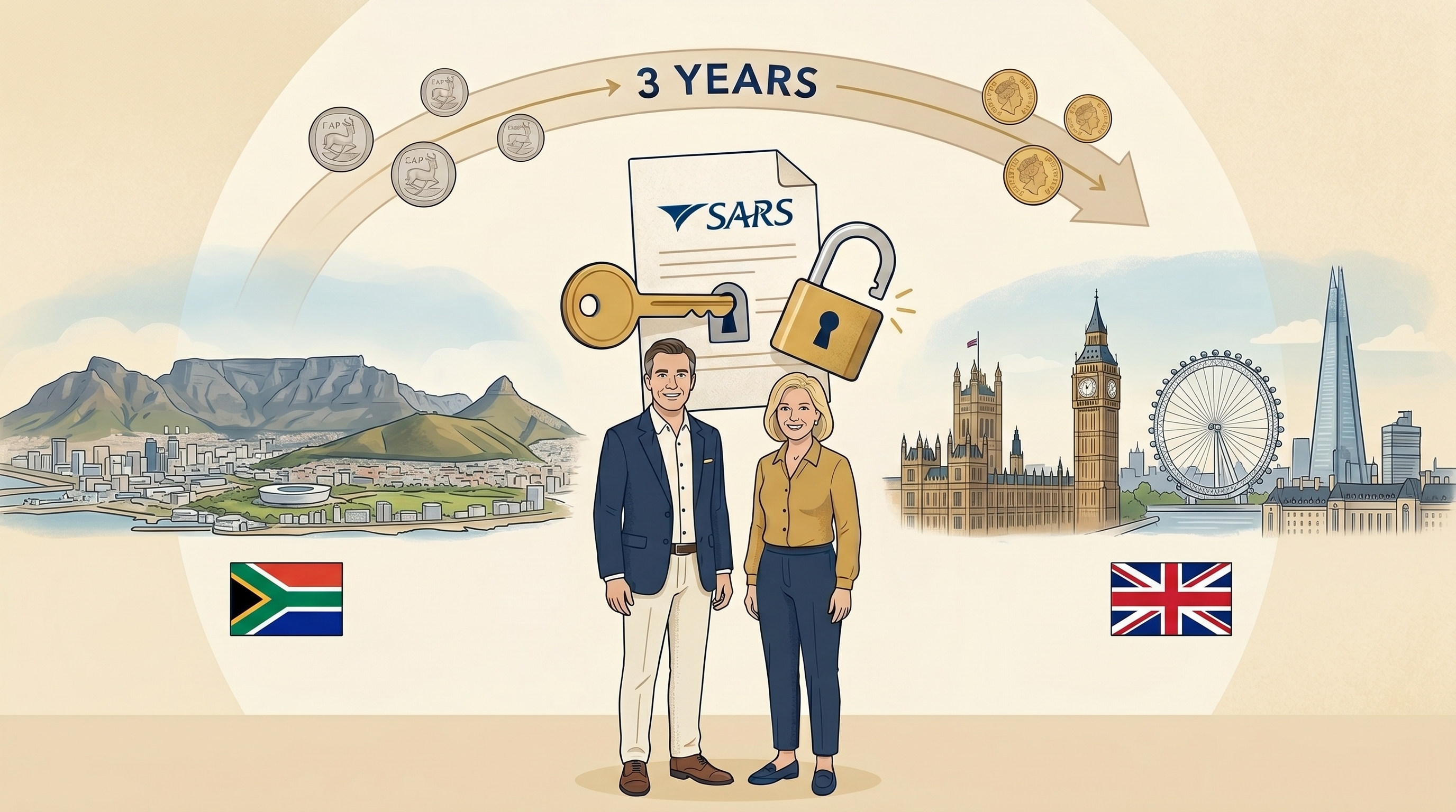 An illustration showing the tax emigration journey from South Africa to the UK, with the 3-year timeline and SARS document unlocking process.